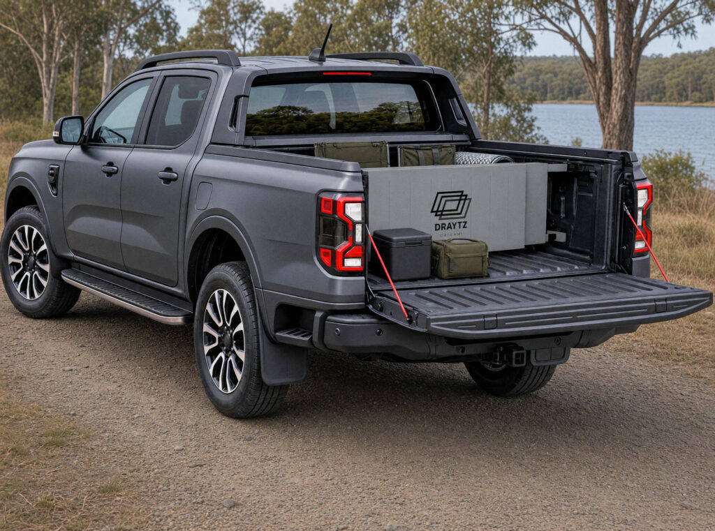 Grey pickup truck with its tailgate open and storage equipment in the bed.